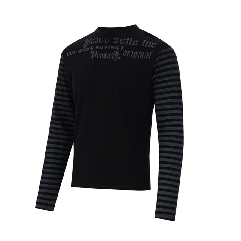Men's Gothic Letter Print Long-Sleeve Tee with Striped Sleeve Splice