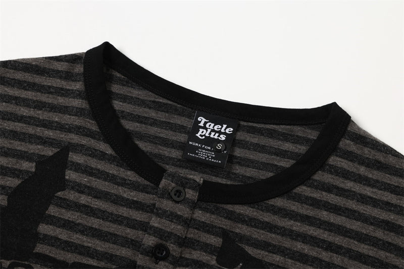 Men's Striped Henley Long-Sleeve Tee with Graphic Letter Print