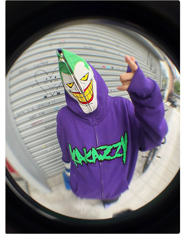 Vom Joker inspirierter Hoodie – Übergroßes, lila Superschurken-Sweatshirt mit Reißverschluss, 400 g/m²