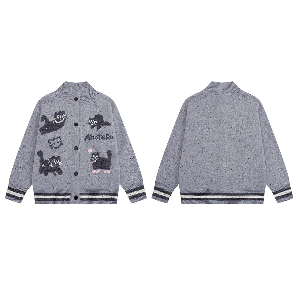 Cartoon Cat Jacquard Knit Cardigan Sweater – Varsity-Trim Button-Up