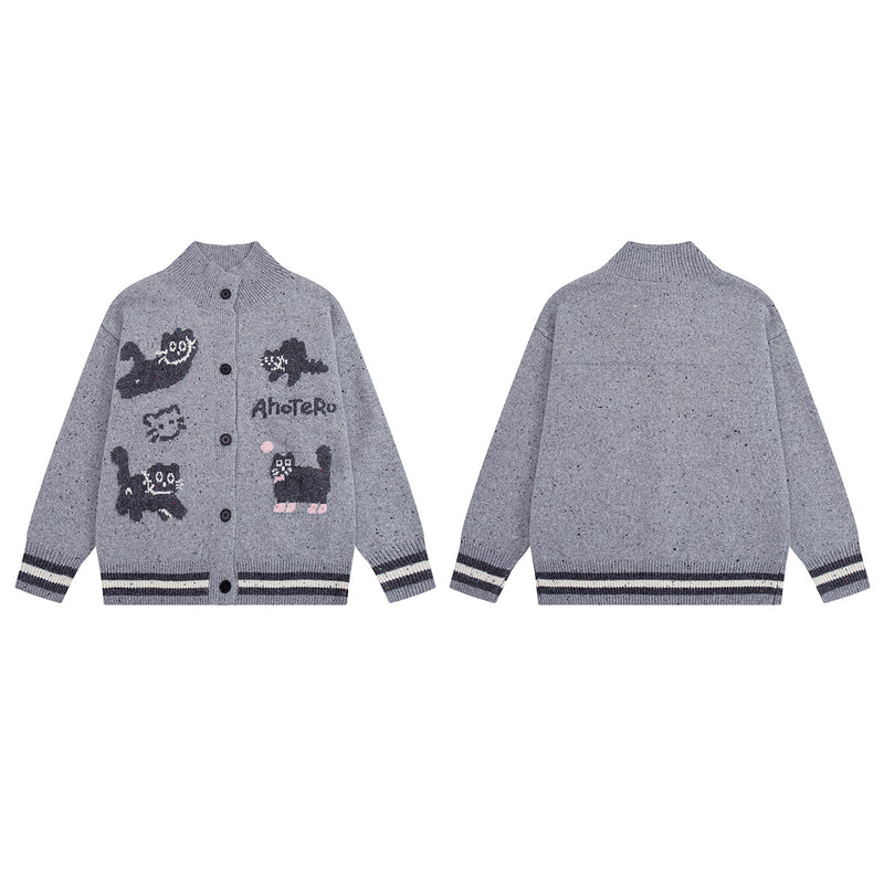 Cartoon Cat Jacquard Knit Cardigan Sweater – Varsity-Trim Button-Up