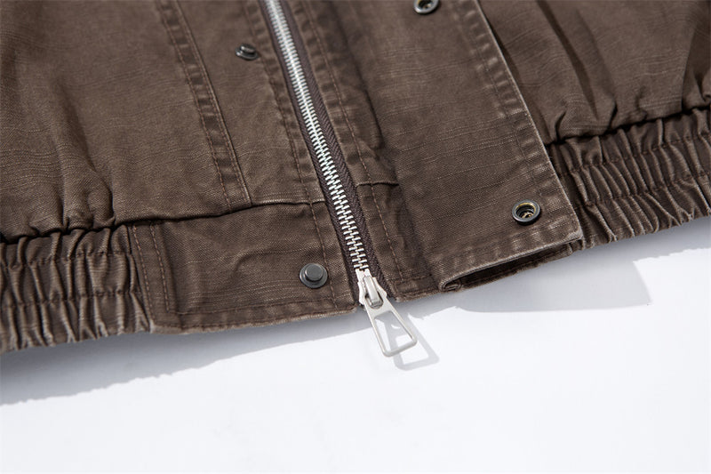 Vintage Washed Workwear Bomber Jacket – Relaxed Fit Snap-Button Harrington
