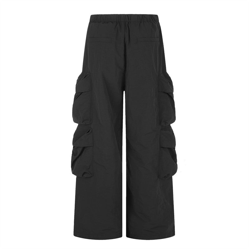 Wide-Leg Cargo Pants with Multi-Pocket Design & Letter Print Waistband