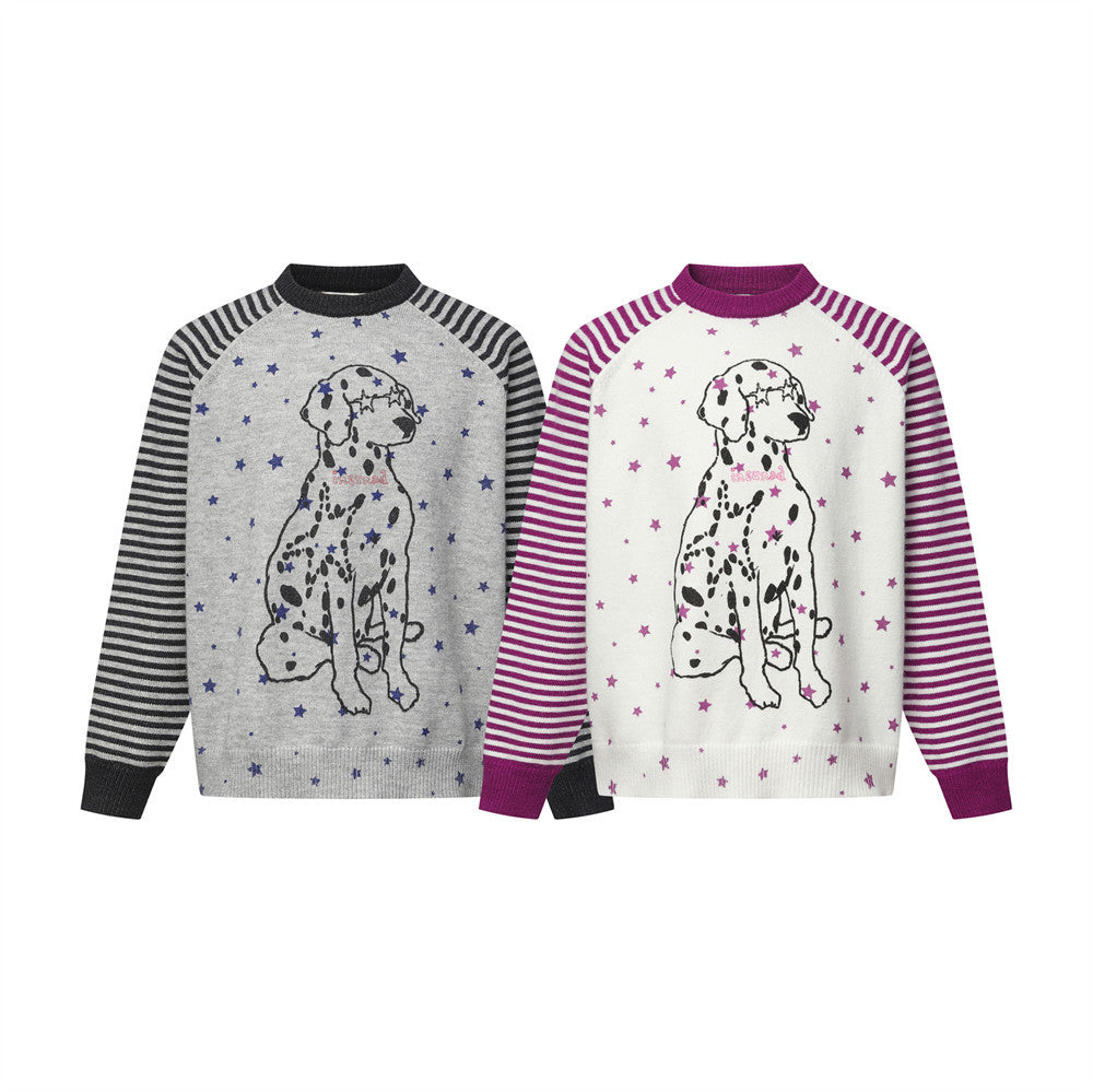 Dalmatian Star Print Crew Neck Sweater with Striped Raglan Sleeves