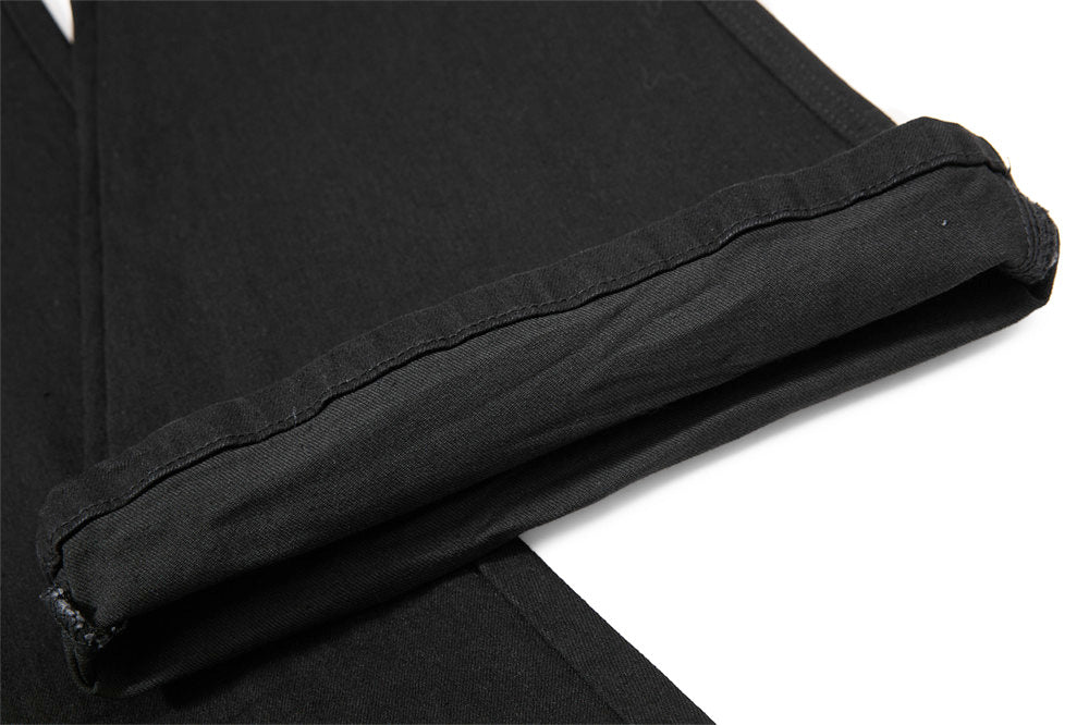 Men's Black Double Waistband Bell Bottom Flare Jeans with Diagonal Zipper