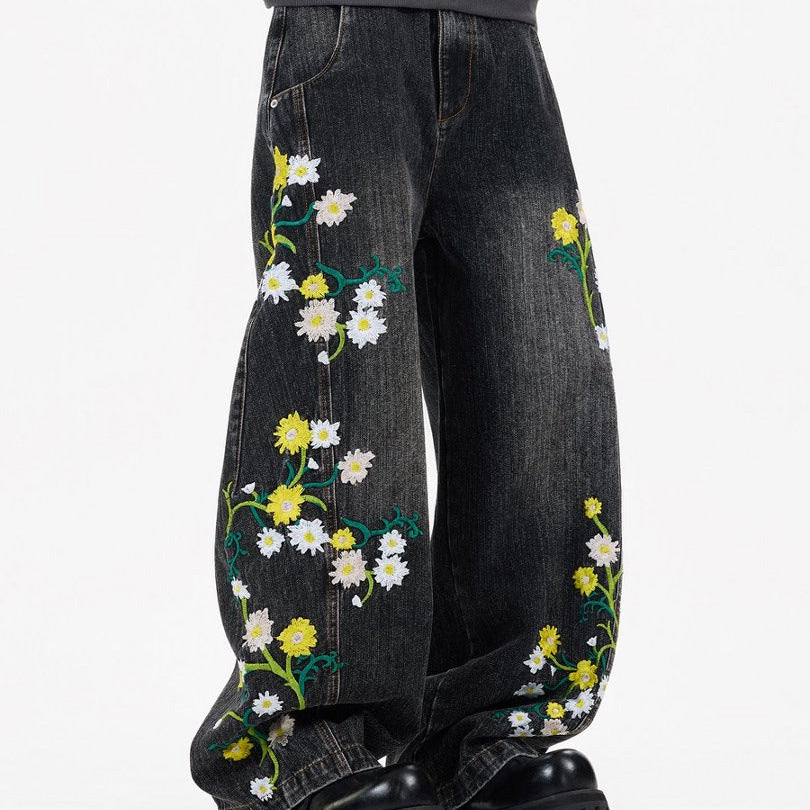Floral Embroidered Wide-Leg Jeans – Men's Barrel Fit Washed Denim