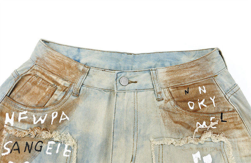 Distressed Graffiti Wide-Leg Jeans – Vintage Washed Ripped Baggy Denim
