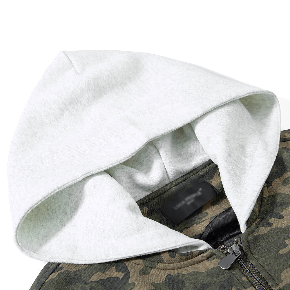 Blouson bomber homme camouflage à capuche, fermeture zippée et manches plissées