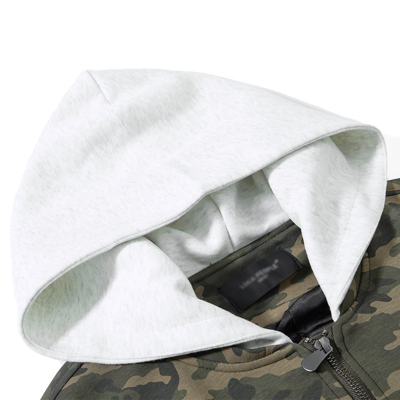 Blouson bomber homme camouflage à capuche, fermeture zippée et manches plissées