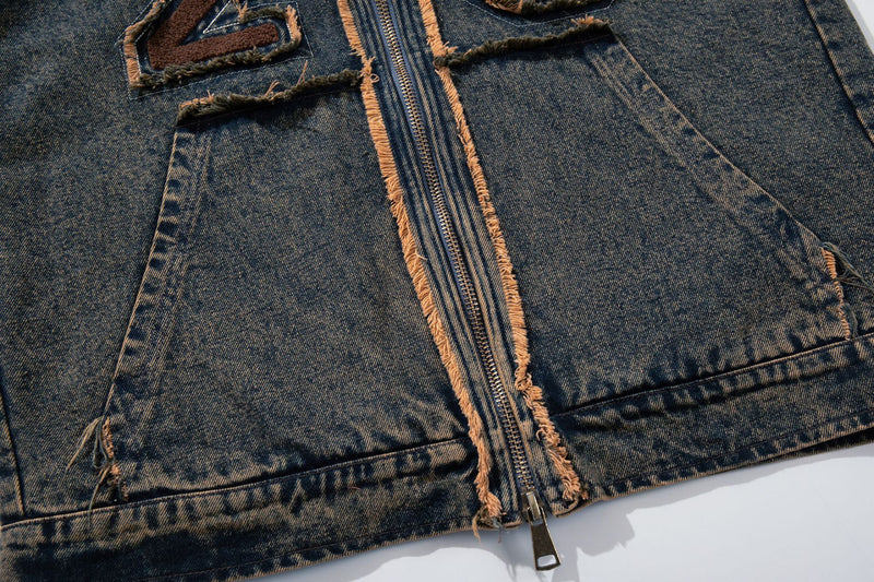Hooded Denim Jacket with Fur Collar, Number 23 Varsity Patch & Acid Wash Finish