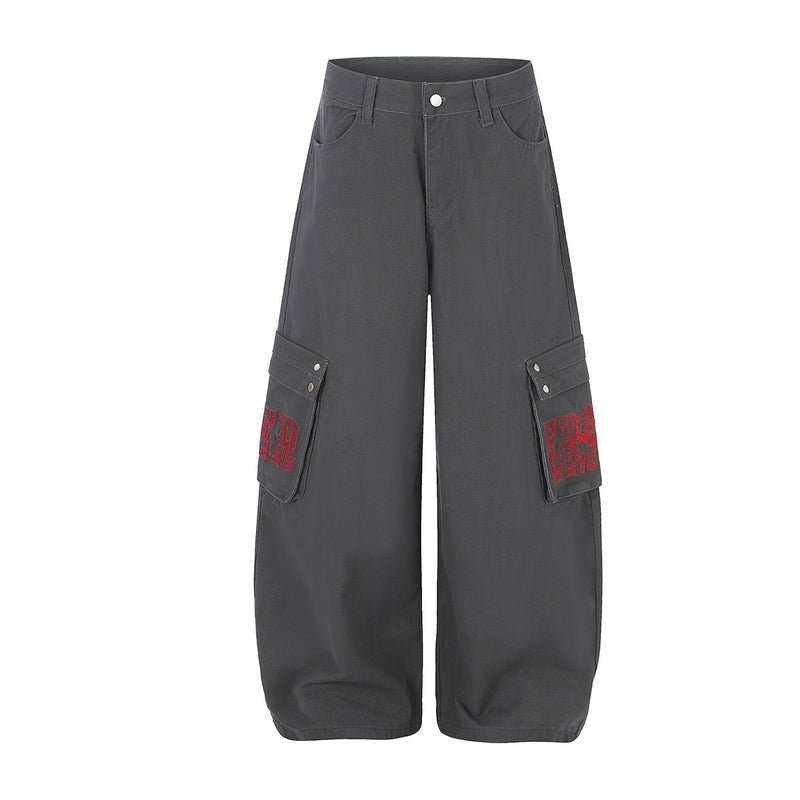Baggy Cargo Pants Wide Leg Embroidered Letter Workwear Trousers