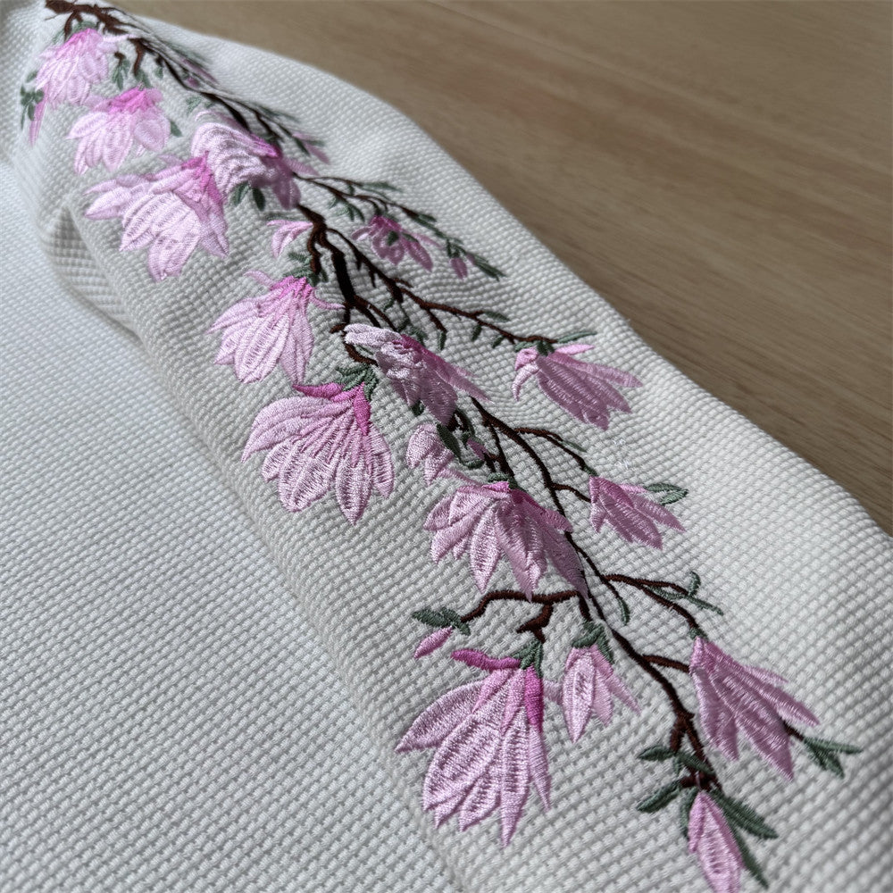 Mens Embroidered T Shirt – Floral Cherry Blossom Long Sleeve Crew Neck