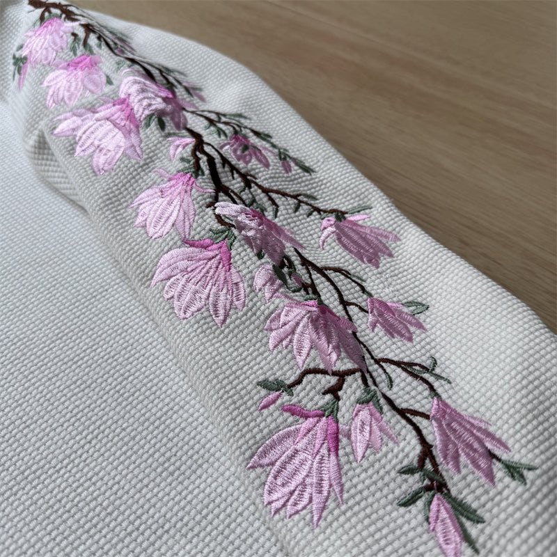 Mens Embroidered T Shirt – Floral Cherry Blossom Long Sleeve Crew Neck