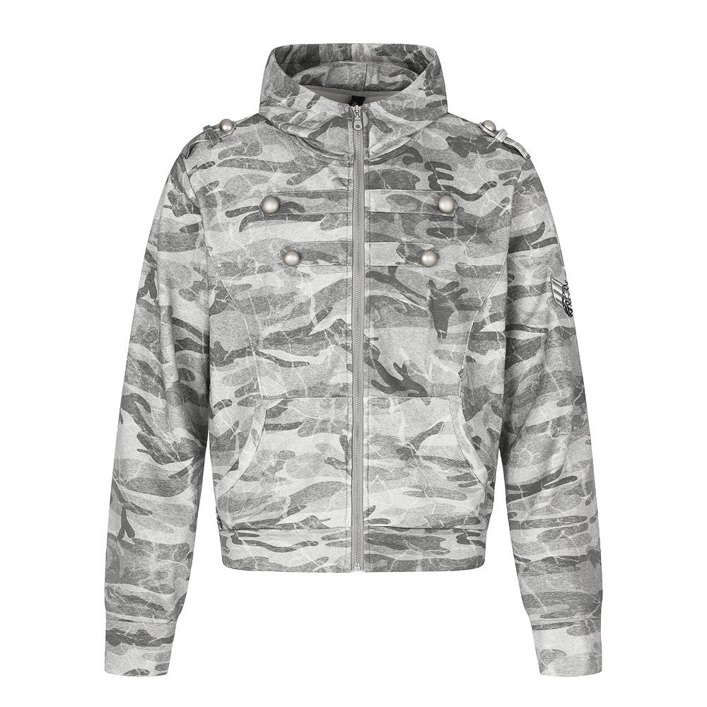 Punk Vintage Camo Zip-Up Hoodie Jacket with Military Buttons