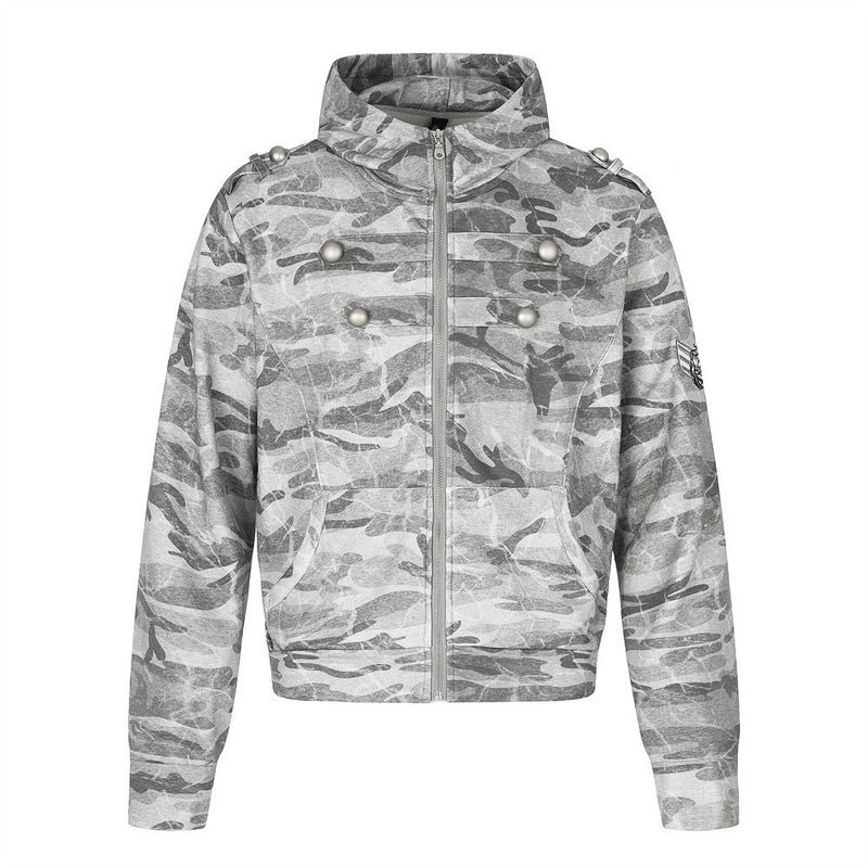 Punk Vintage Camo Zip-Up Hoodie Jacket with Military Buttons
