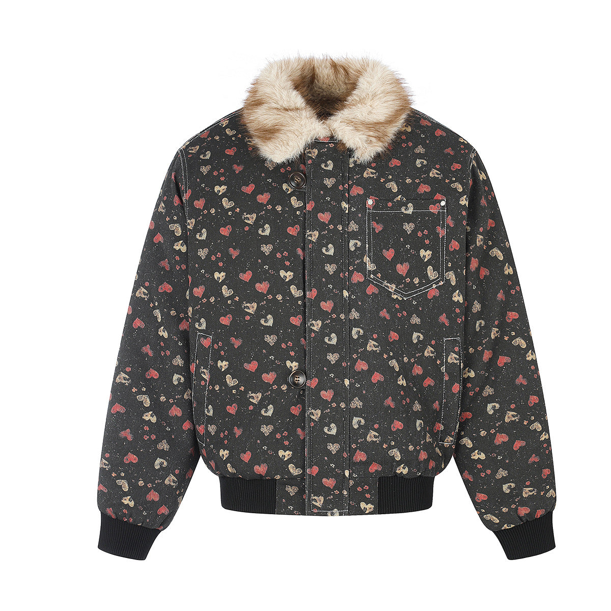 Heart Print Faux Fur Collar Padded Bomber Jacket – Vintage Floral Streetwear