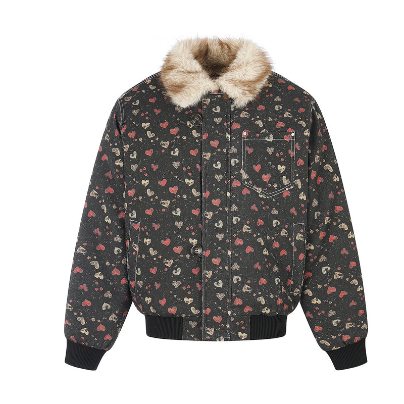 Heart Print Faux Fur Collar Padded Bomber Jacket – Vintage Floral Streetwear