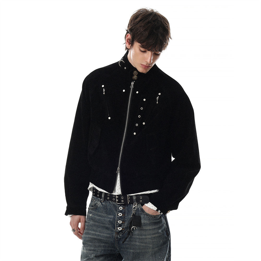 Mens Bomber Jacket – Cropped Stand Collar Zip-Up with Metal Hardware