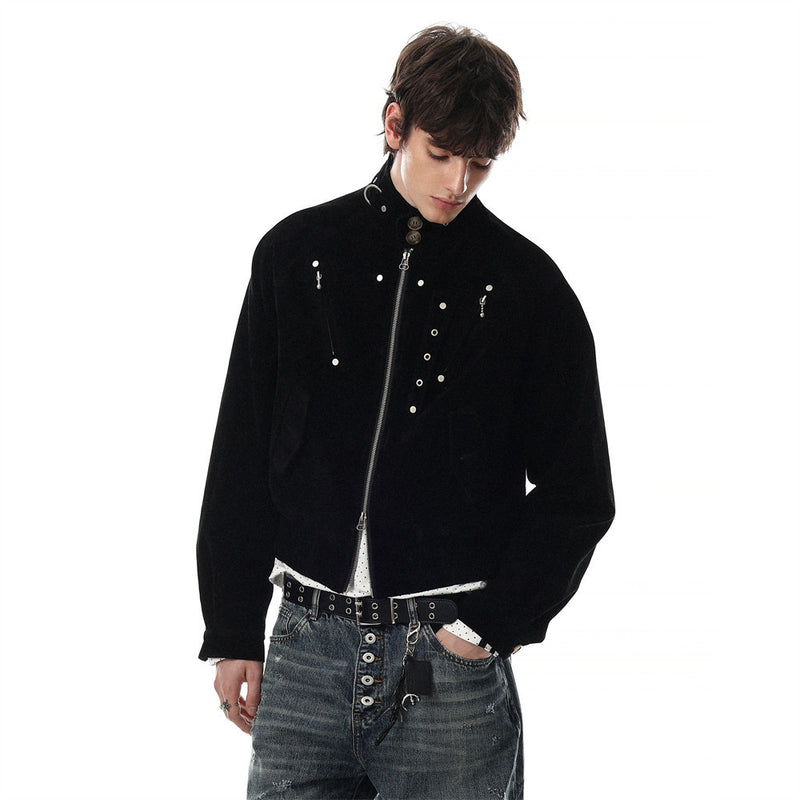 Mens Bomber Jacket – Cropped Stand Collar Zip-Up with Metal Hardware