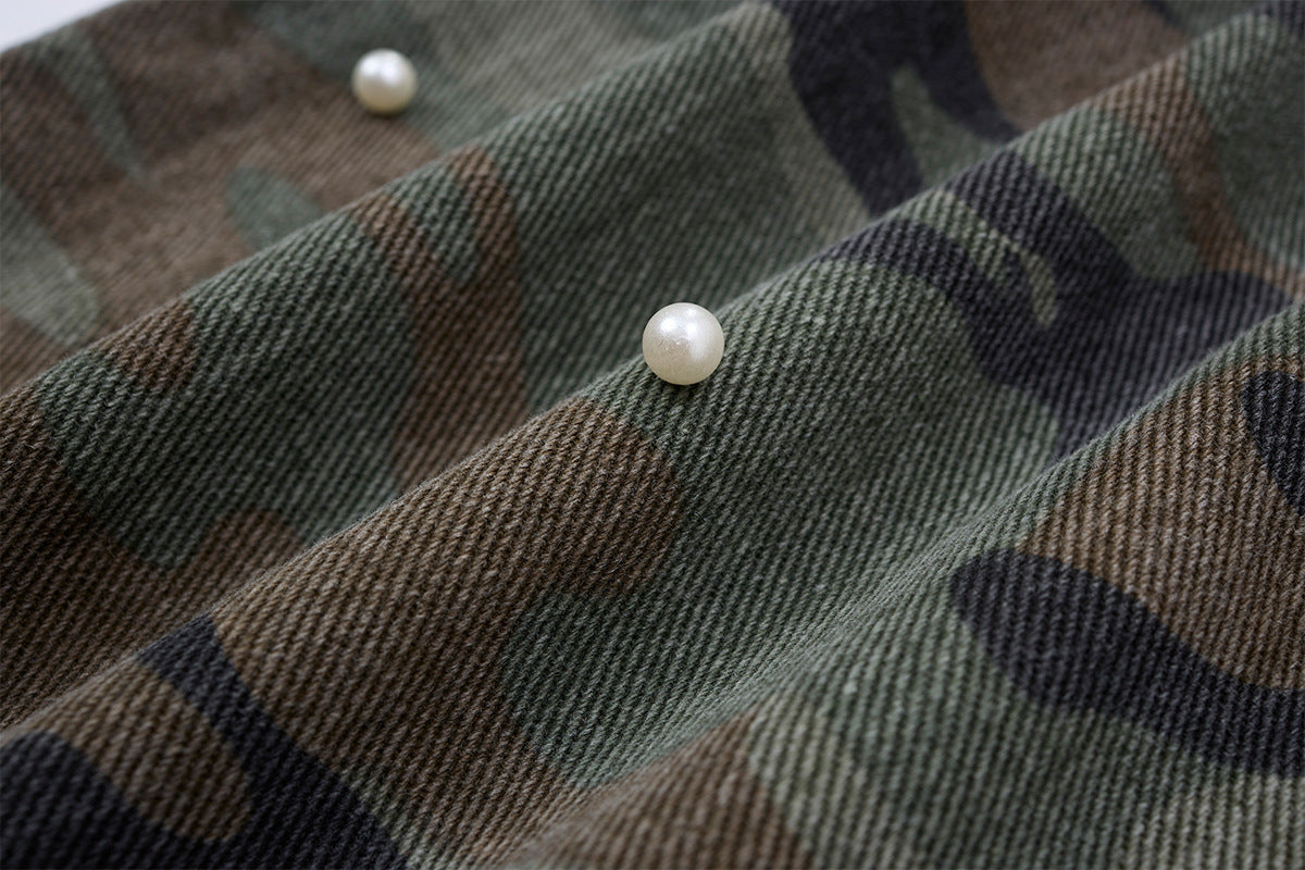 Camo Pearl Stud Cargo Pants – Wide-Leg Washed Denim Camouflage Trousers