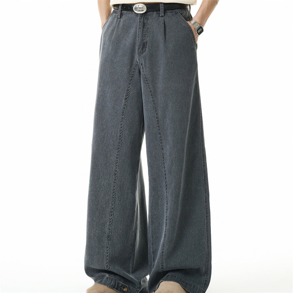 Wide-Leg Washed Denim Jeans – Relaxed High-Street Pleated Trousers