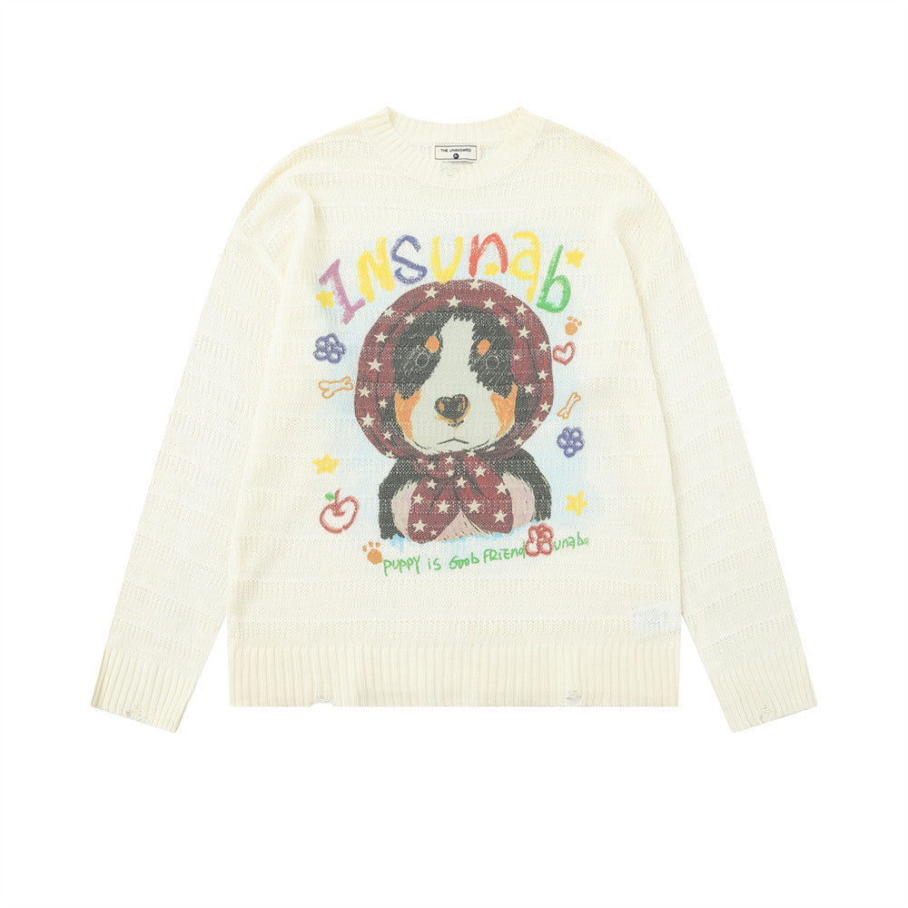Jersey de punto calado de corte relajado y cuello redondo, con gráfico de cachorro de dibujos animados de colores en el pecho, en marfil y gris