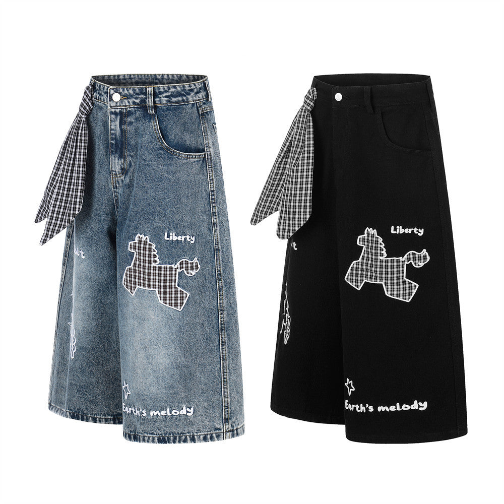 Cartoon Embroidered Wide-Leg Denim Shorts with Detachable Plaid Scarf Tie