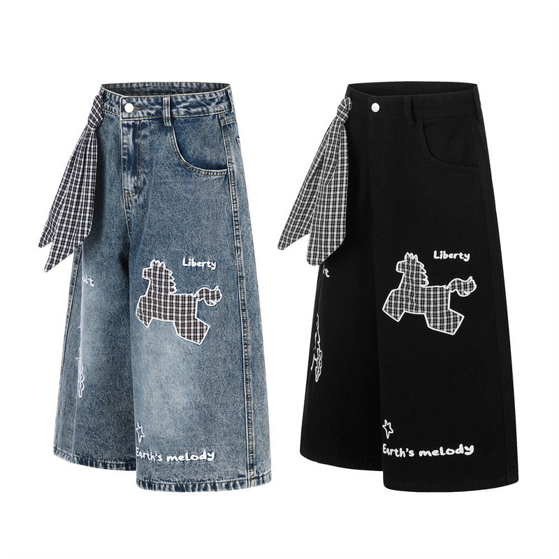 Cartoon Embroidered Wide-Leg Denim Shorts with Detachable Plaid Scarf Tie