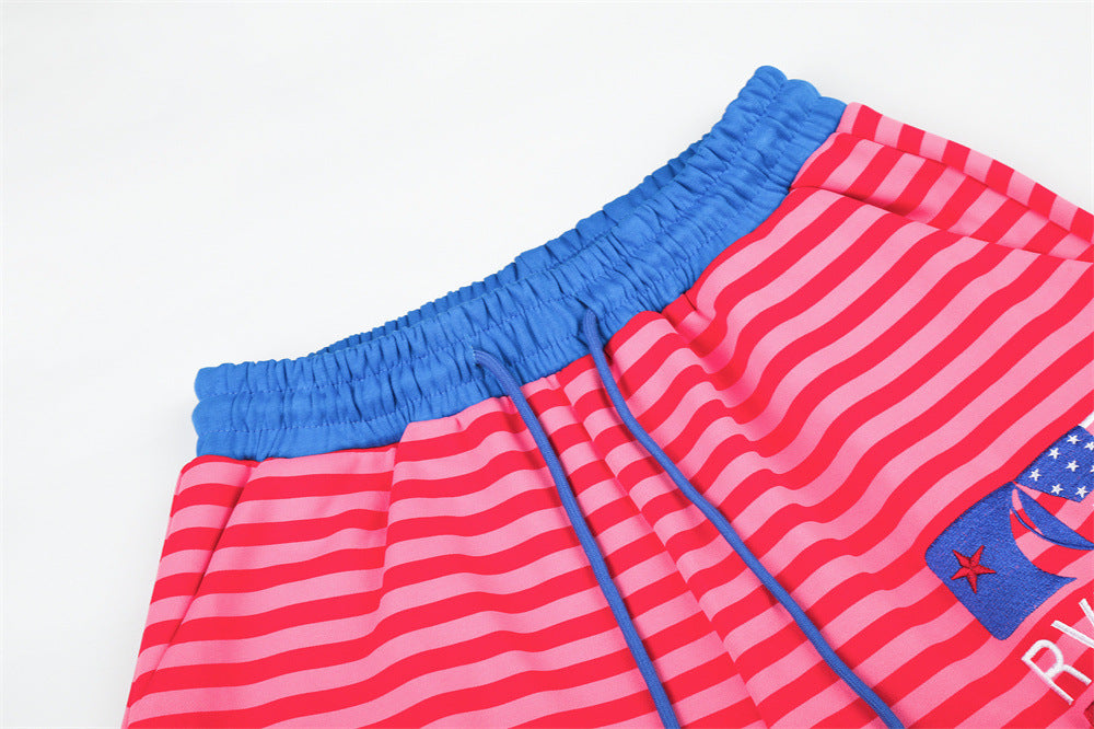 Men's Striped Wide-Leg Sweatpants with Star & Letter Embroidery – American