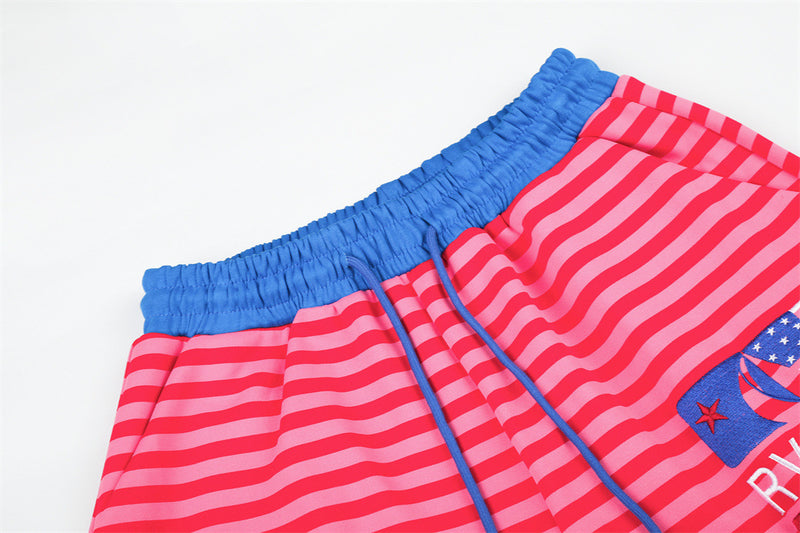Men's Striped Wide-Leg Sweatpants with Star & Letter Embroidery – American
