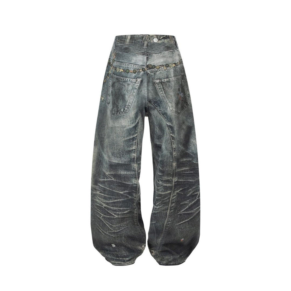 Wide-Leg Jeans with Chain & Bead Embellishments – Vintage Dirty-Wash Punk Denim