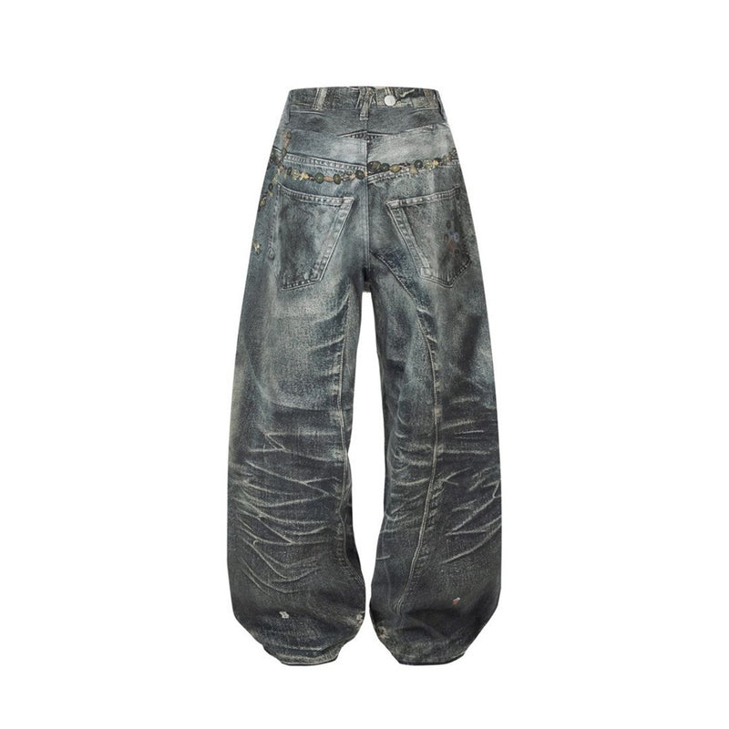 Wide-Leg Jeans with Chain & Bead Embellishments – Vintage Dirty-Wash Punk Denim