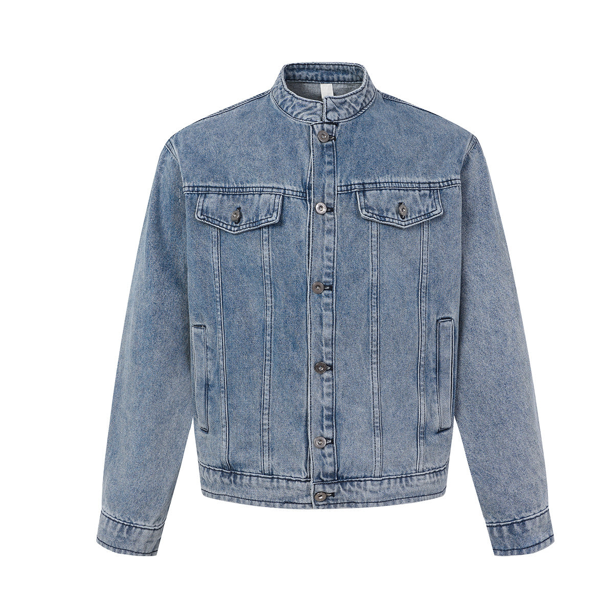 Veste trucker homme en jean bleu moyen délavé, à col montant, vues de face et de dos