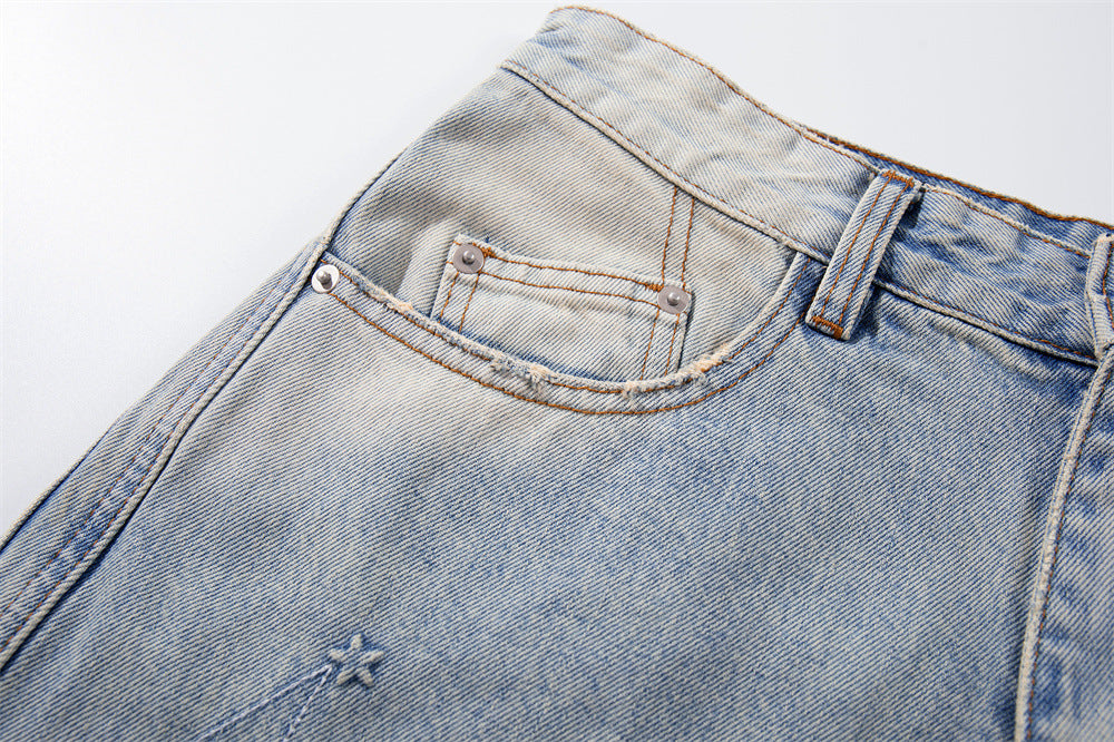 Star Embroidery Wide-Leg Jeans – Vintage Washed Baggy Denim