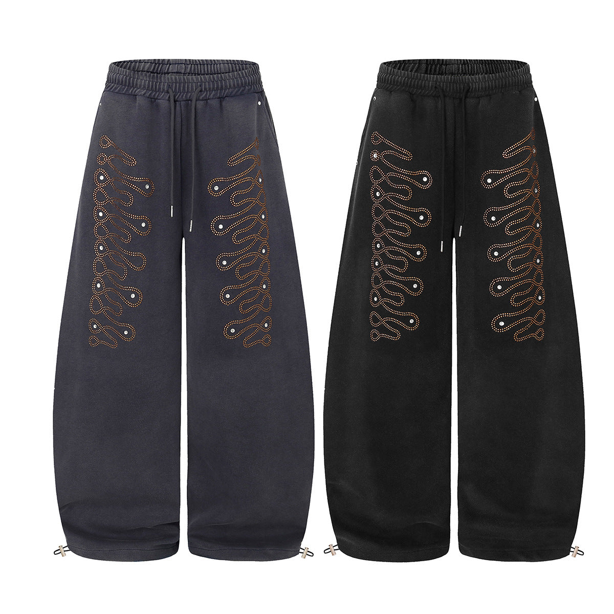 Wide-Leg Sweatpants with Rhinestone Flame Detail, Washed Vintage Finish