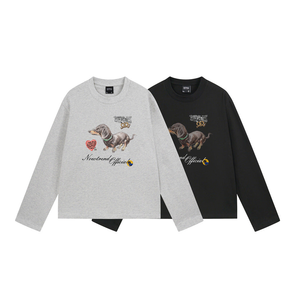 Men's long sleeve crew neck shirt with dachshund graphic print in black and heather grey by Nowtrend Official