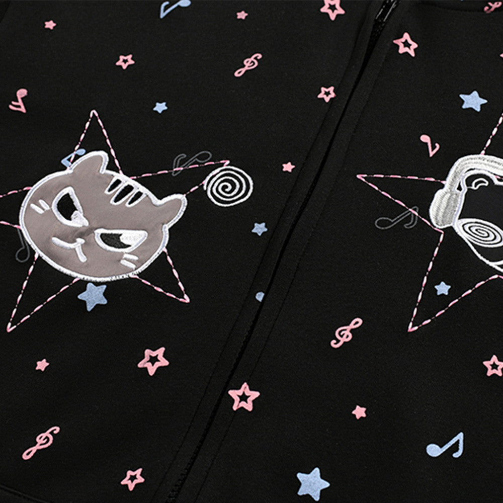 Cat Ear Zip-Up Hoodie with All-Over Music Note & Cartoon Print
