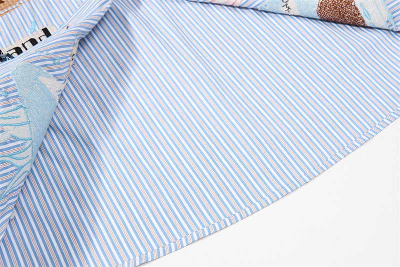 Blue Striped Button-Down Shirt with Beach Embroidery & Denim Collar