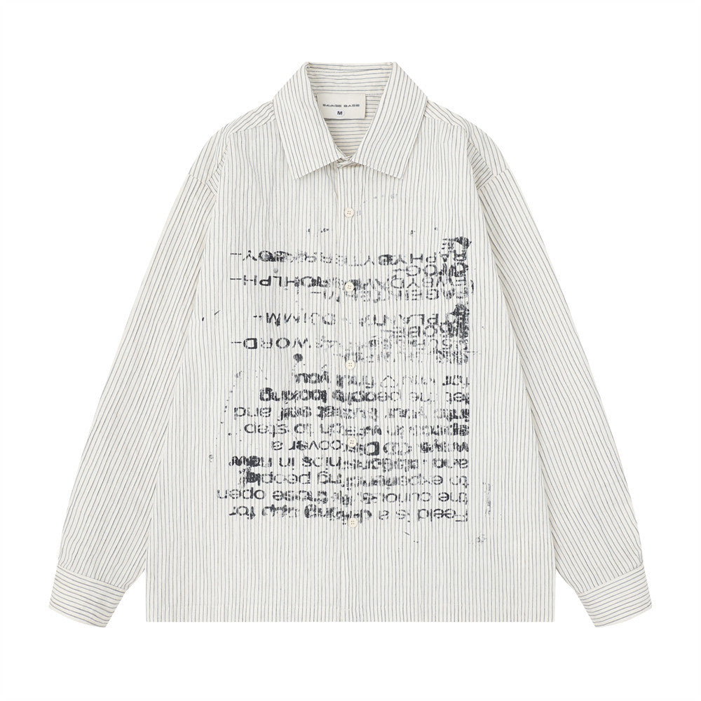 Men's oversized pinstripe long sleeve shirt with distressed letter print graphic on chest, shown in off-white and black color