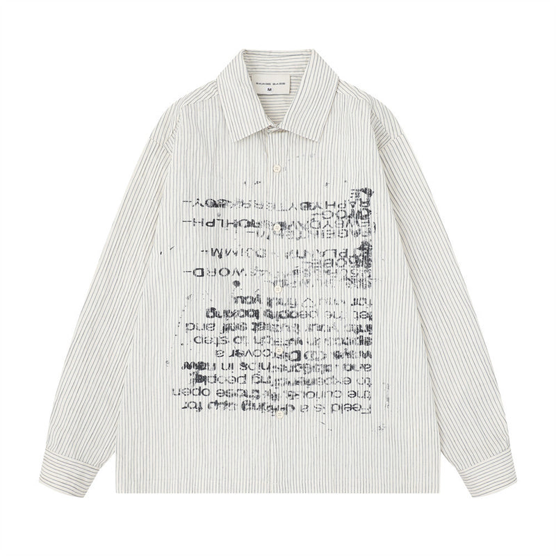 Men's oversized pinstripe long sleeve shirt with distressed letter print graphic on chest, shown in off-white and black color