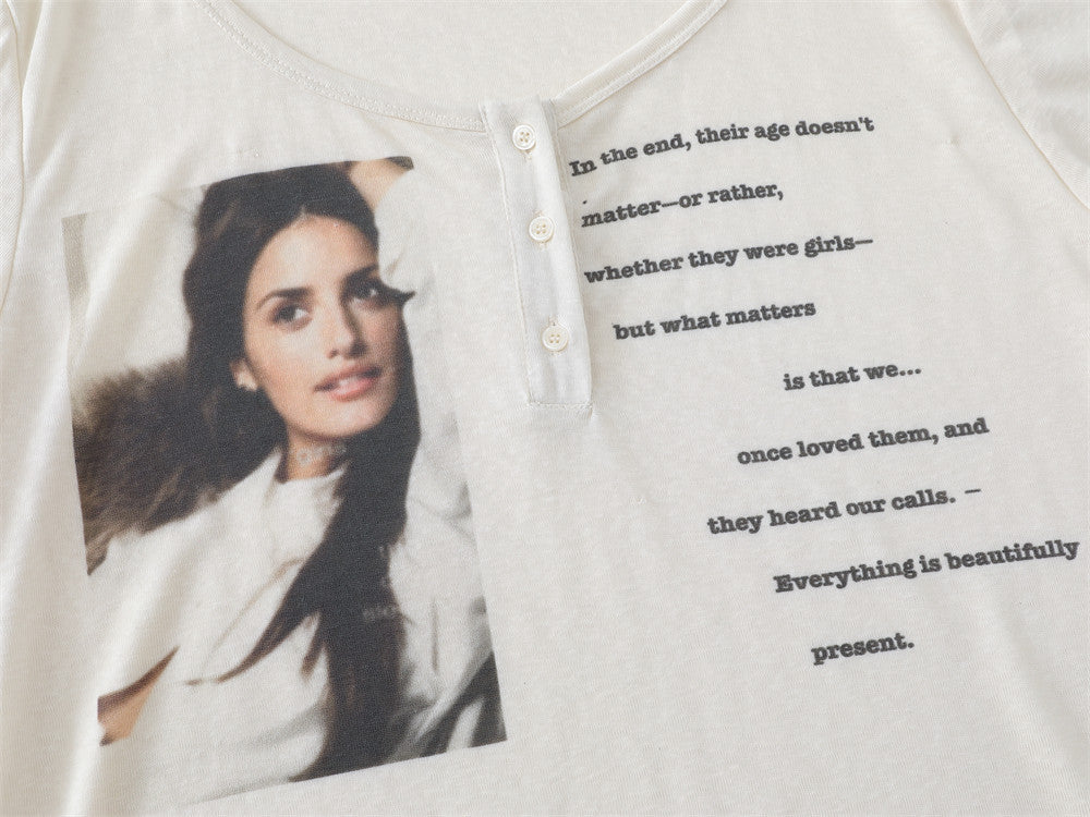 Cropped Graphic Tee Men – Long Sleeve Photo & Letter Print Henley Neck