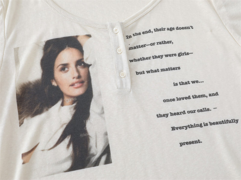 Cropped Graphic Tee Men – Long Sleeve Photo & Letter Print Henley Neck