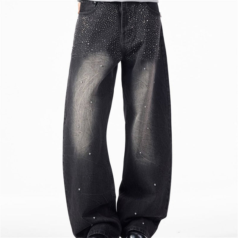 Men's Wide-Leg Baggy Jeans – Washed Black Rhinestone Embellished Denim