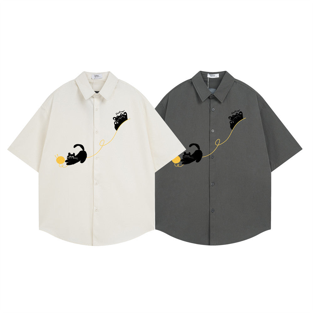 Men's Short Sleeve Collared Shirt with Cat Embroidery – Relaxed Fit Button-Up