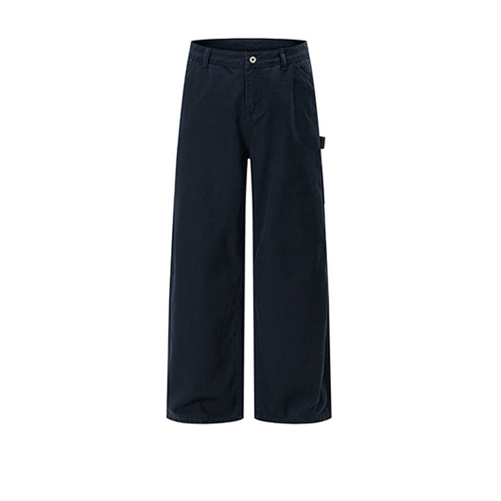 Men's wide-leg straight-fit cargo pants with utility pocket detail in navy, front view