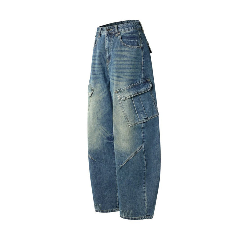 Baggy Wide-Leg Cargo Jeans – Men's Multi-Pocket Distressed Denim