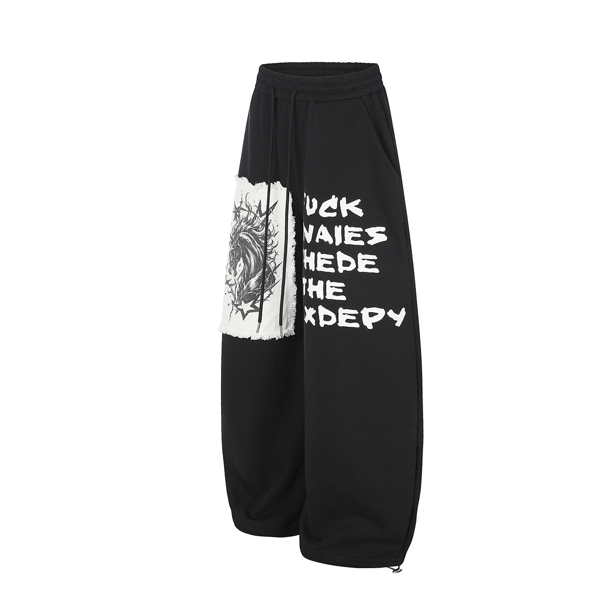 Pantalon de survêtement à jambes larges avec écusson licorne et imprimé graffiti – Streetwear noir
