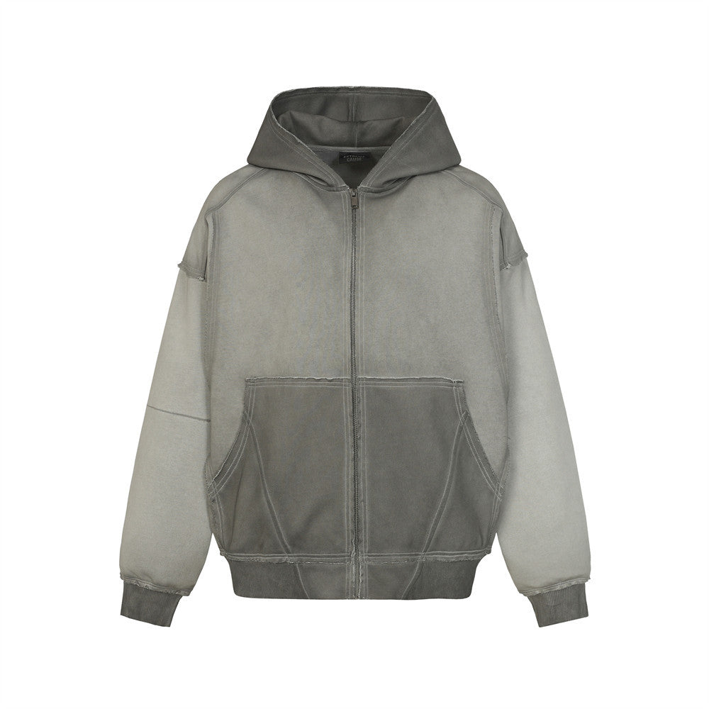Oversized Zip-Hoodie – Gewaschenes Patchwork-Sweatshirt mit deconstructed Raw-Edge-Look