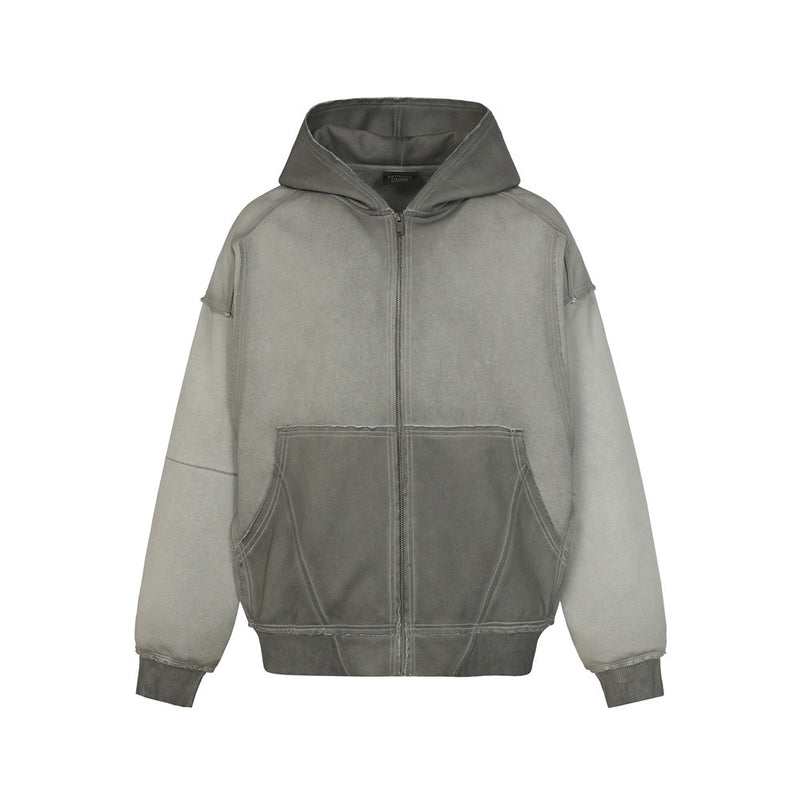 Oversized Zip-Hoodie – Gewaschenes Patchwork-Sweatshirt mit deconstructed Raw-Edge-Look