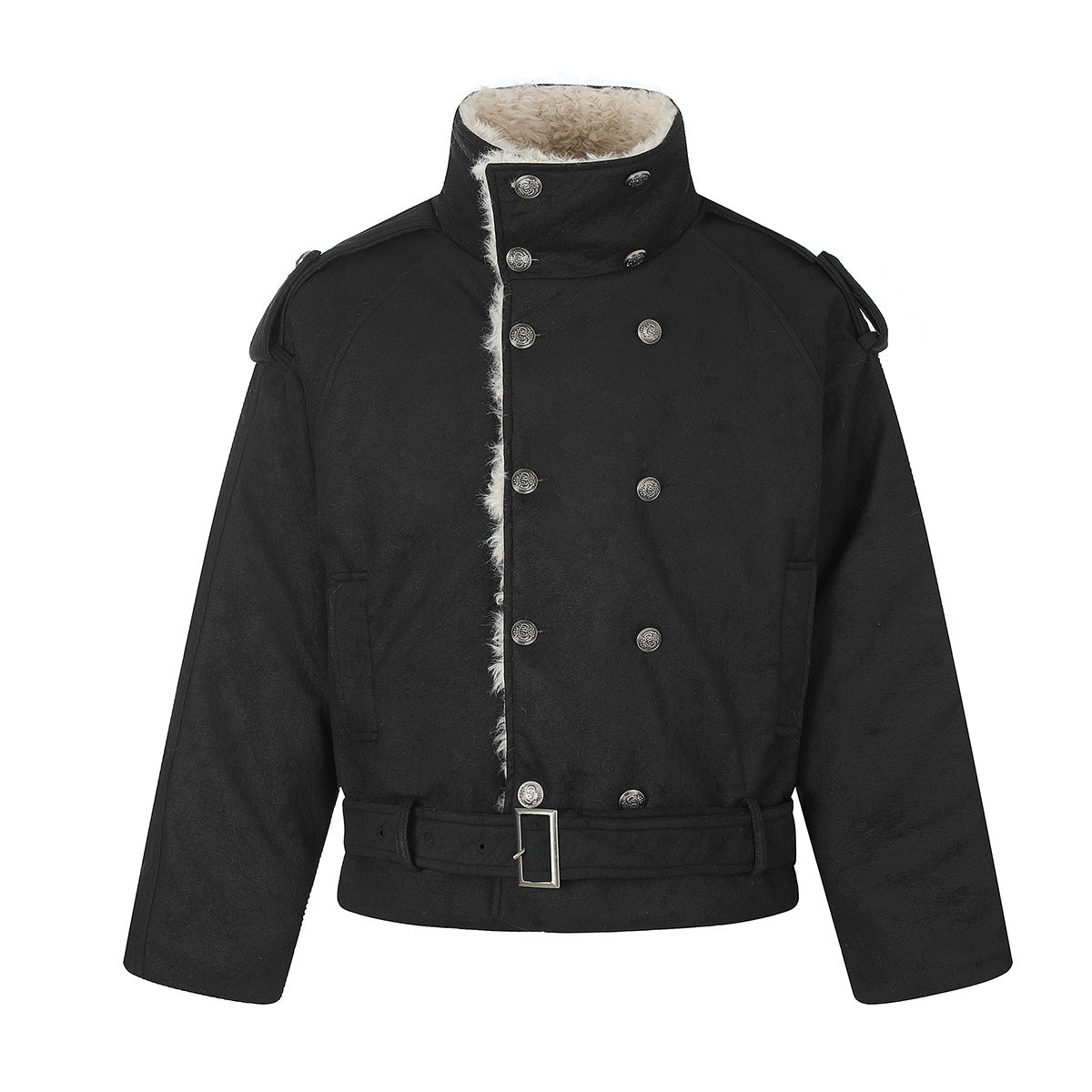 Double-Breasted Shearling-Collar Padded Jacket with Waist Belt